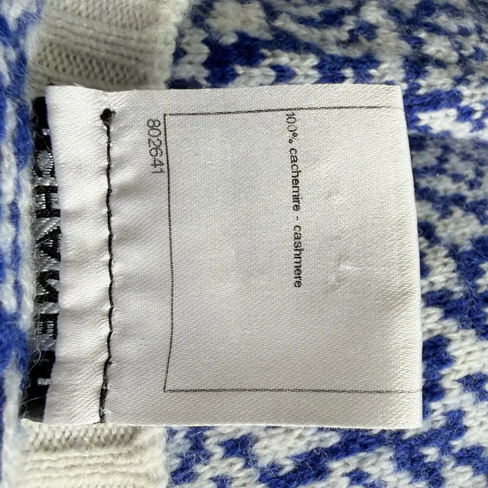CHANEL 100% Cashmere Knit Dress Blue White Pattern Long Sleeve IT 46
